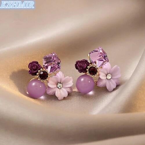 Noble Purple Crystal Flower Stud Earrings For Woman 2021 Korean Fashion Jewelry Wedding Party Girl Elegance Set Accessories