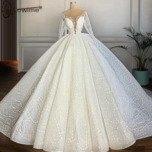 Dubai Long Sleeve Lace Wedding Dresses 2020 Sheer O Neck Puffy Ball Gown Floor Length Bridal Gowns Vestido De Novias