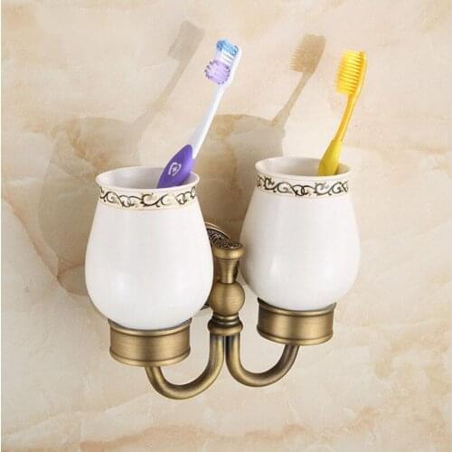 Double Cups For Tooth Brush And Toothpaste, Hotel Bathroom Collection, Solid Brass / Ceramic Material, Antique Bronze Finishes