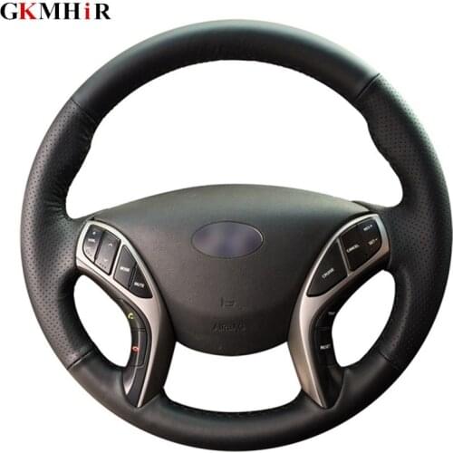 GKMHiR Soft Genuine Leather Hand-stitched Car Steering Wheel Cover for Hyundai Elantra 2011-2016 Avante i30 2012-2016 Black