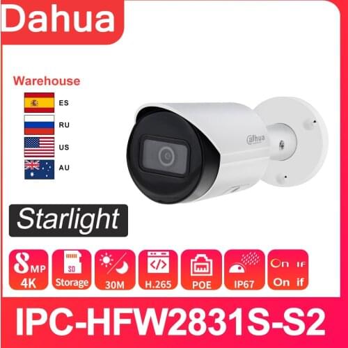Dahua Camera 8MP IP CAMERA IPC-HFW2831S-S-S2 4K POE SD Card Slot H.265+ 30M IR IVS IP67 Starlight Bullet Network Camera
