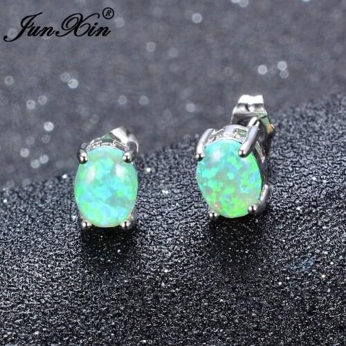 JUNXIN Female Oval Green & White & Blue Fire Opal Stud Earring Double Earrings For Women