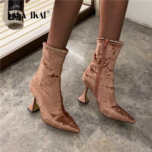 LALA IKAI Womens Boots Autumn Winter New High Heels Womens Shoes Rhinestone Ankle Boots Pointed Toe Heels botas de mujer C1047
