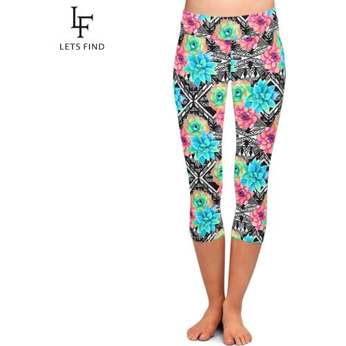 LETSFIND New Ssucculent Plants Flowers and Aztec Print Women Capri Leggings High Waist Fitness Soft Comfortable Plus Size Pants