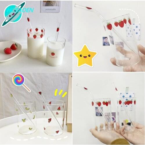 300Ml Strawberry Cute Nordic Glass Cup With Straw Creative Transparent Water Cup Student Milk Heat Resistant Glass