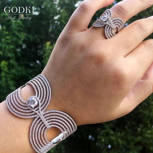 GODKI Trendy Luxury Crossover Statement Bangle Cuff Ring Sets Jewelry Set For Women Wedding Cubic ZirconIA Dubai Party Bracelet