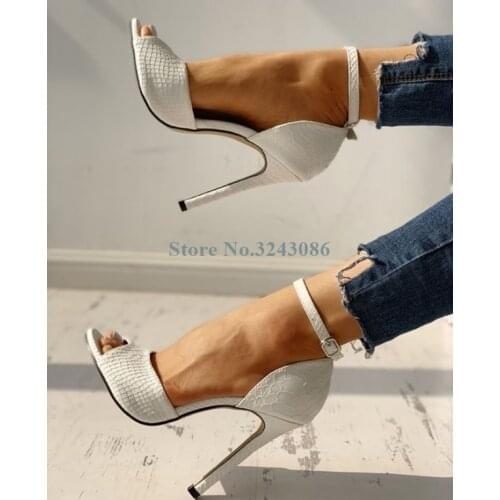 New Black White Snakeskin Buckle Strap Thin High Heel Pumps Leather Peep Toe Stiletto Heel Pumps Concise Elegant Women Shoes