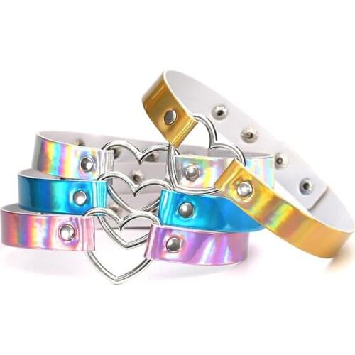 Trendy Sexy Necklace Women Choker PU Leather Chocker Handmade Metal Laser Chocker Rainbow Punk Gothic Necklaces Jewelry