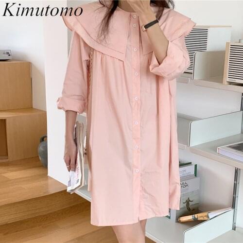 Kimutomo Sweet Solid Shirt Dress Women Double Peter Pan Collar Long Sleeve Single Breasted Loose Mini Dresses Female Autumn