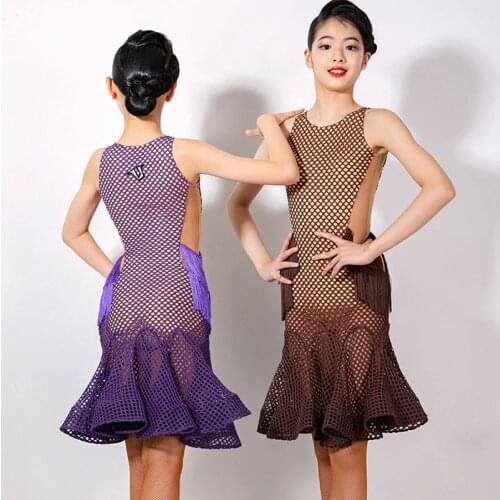 Children Latin Dance Dress Performance Costumes Mesh Fishtail Dress National Standard Dance Clothes Girls Latin Dresses DN8071
