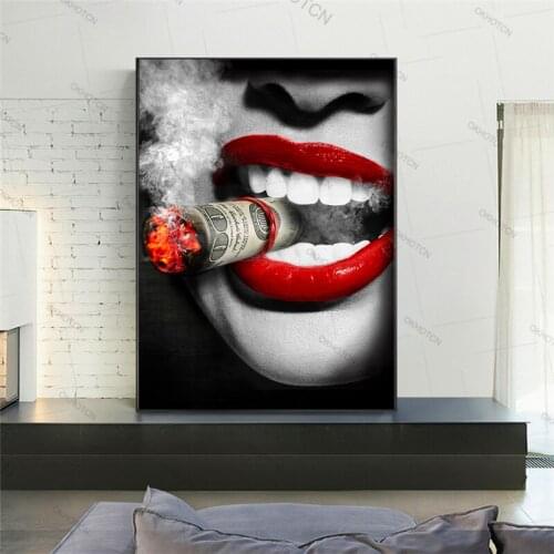 Sexy Red Lips Woman Cigarette Painting Canvas Wall Art Pictures for Living Room Home Decor Unframed