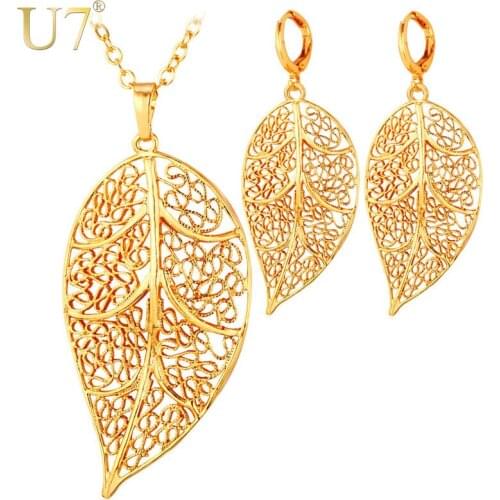 U7 Dubai Gold Color Jewelry Set Fashion Hollow Leaf Drop Earrings And Pendant Necklace Set For Women Gift S721