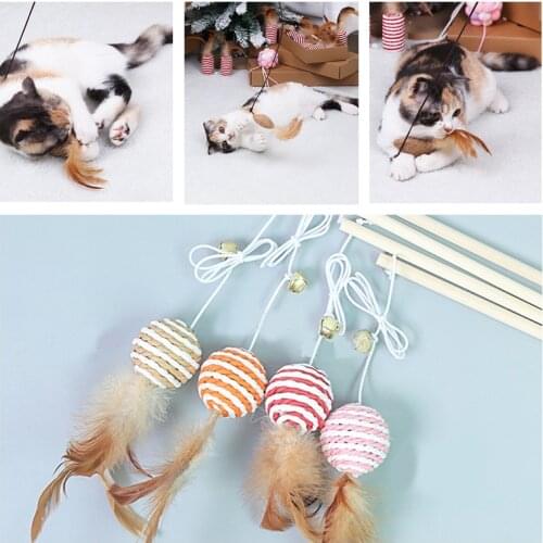 1 Piece Feather Wood Funny Pet Cat Kitten Teaser Toys Natural Ball Mouse Animal Wire Chaser Random Color Cat interaction 40cm