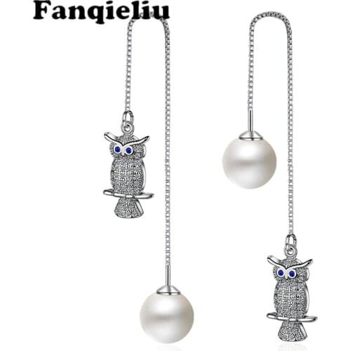Fanqieliu Gift Jewelry Female Luxury Long Drop Earrings Crystal 925 Sterling Silver Earring For Women Cute Owl Earrings FQL20061