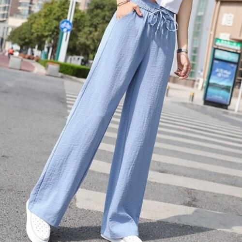 Womens cotton linen drape casual straight trousers Pockets Wide Leg Pants Summer Full Length Polyester trousers women