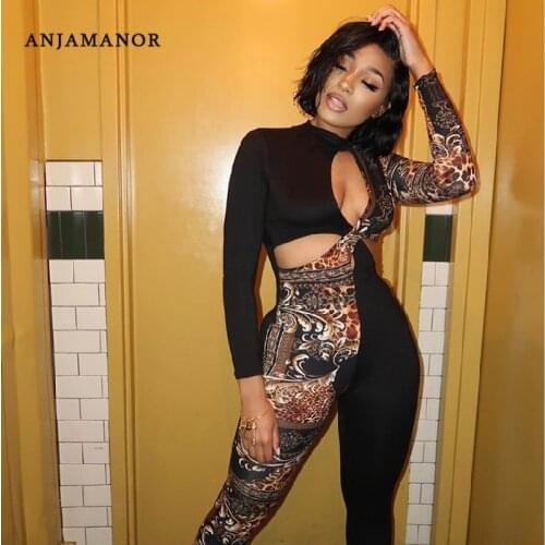 ANJAMANOR Sexy Jumpsuit Women Leopard Print Patchwork Cross Hollow Out Long Sleeve Bodycon One Piece Club Outfits D74-CG28