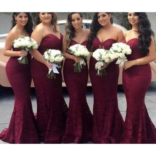 Elegant Burgundy Sweetheart Lace Mermaid Cheap Long Bridesmaid Dresses 2019 Wine Maid of Honor Wedding Dress Prom Party Gowns