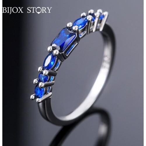 BIJOX STORY Silver Fashion Ring with Sapphire Gemstone 925 Jewelry for Women Silver Band Ring for Wedding Banquet Gift size 6-10