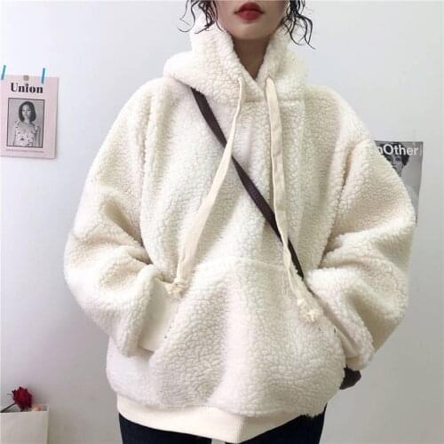 Winter Lamb Wool Velvet Warm Ladies Pullover Pure Color Plus Velvet Thickening Casual Loose Lantern Sleeve Womens Hoodie