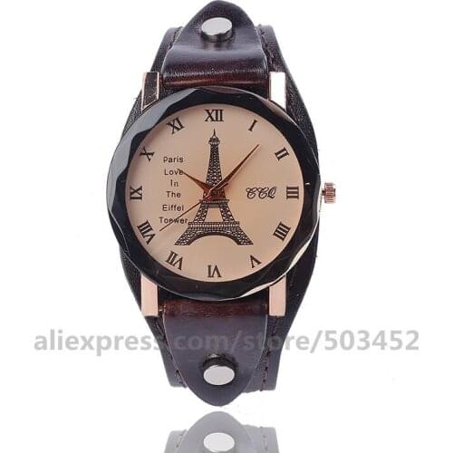 100pcs/lot CCQ 920020 Womens Watches Eiffel Genuine Leather Round Shape Bayan Kol Saati Factory Price Watches For Men Women