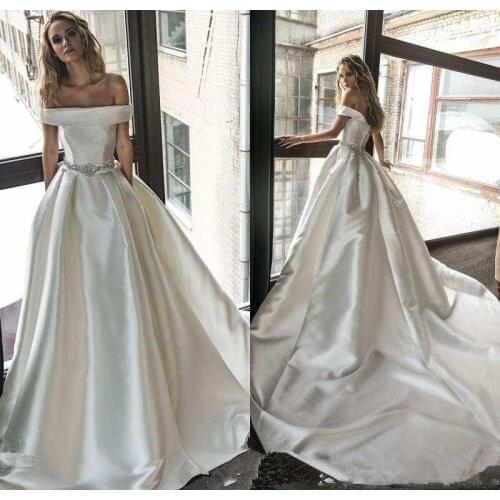 2020 Simple Elegant A Line Satin Wedding Dresses with Pockets Beaded Waist Off the Shoulder Vestidos De Noiva Bridal Gowns