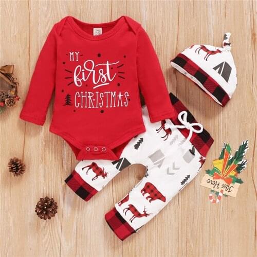 Infant Newborn 3 Pcs Christmas Outfits Suits Long Sleeve Letter Printed Romper Top + Long Pant + Beanies Hat