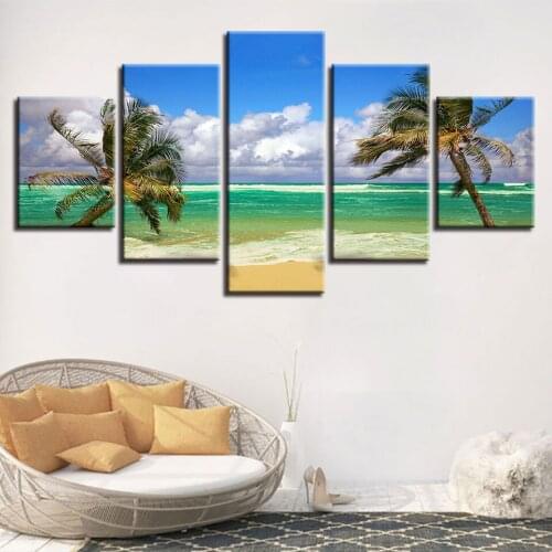 Picture HD Prints Decor Room Wall Frame 5 Pieces Coconut Tree Blue Sky White Cloud Seascape Posters Modular Art Canvas Paintings