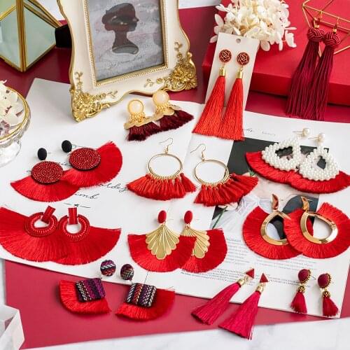 BLINLA Bohemian Tassel Earrings Drop Earrings For Women Cotton Silk Fabric Long Red Big Fringe Earrings Girls Wedding Jewelry