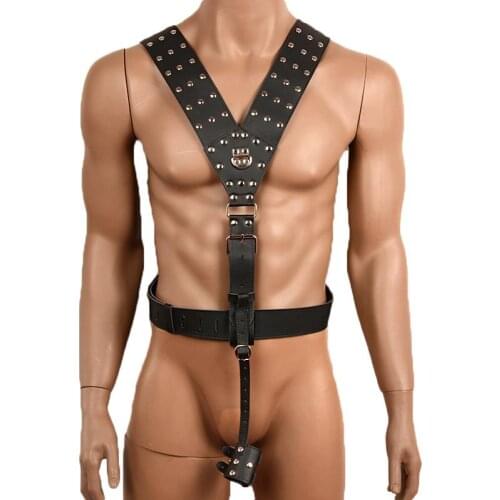 Black PU Leather Sex Fetish Bondage Restraint Male Harness with Cock Ring Adjustable Sexy Men Harness Erotic Toys Sex Products