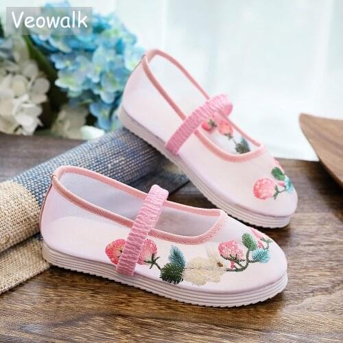 Veowalk Summer Children Girls Thin Gauze Mesh Elastic Strap Flat Shoes Flower Embroidered Princess Sneakers for 1-15 Year Kids