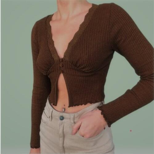 E girl Sweet V-neck Lace Trim Crop Tops y2k Vintage Long Sleeve Blouse 90s Aesthetics Tops woman jacket corset tops blusas New