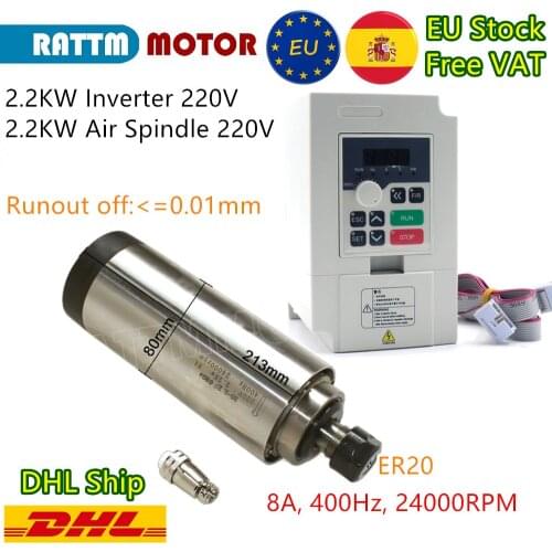〖EU Free Ship〗2.2kw Air Cooled Spindle motor 220V 8A 24000rpm ER20 Runout-off 0.01mm 4pcs Ceramic bearing & 2.2KW Inverter VFD