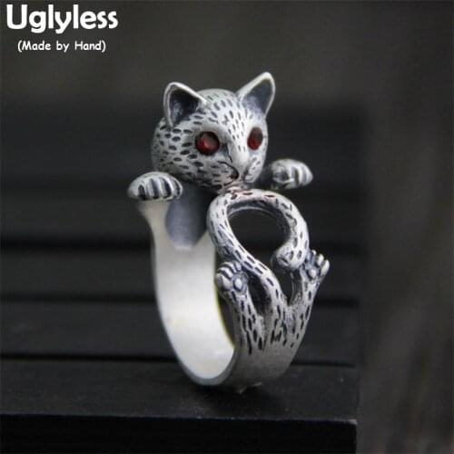 Uglyless Real S 925 Sterling Silver Handmade Cat Finger Rings Opening Lovely Animal Open Ring Red Crystals Personalized Jewelry
