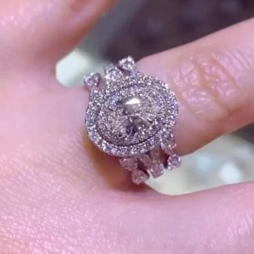 New Luxury Trendy 2 Pcs Sets Silver Plated Oval Zircon Rings For Women Shine CZ Stone Inlay Fashion Jewelry Wedding Party Gift