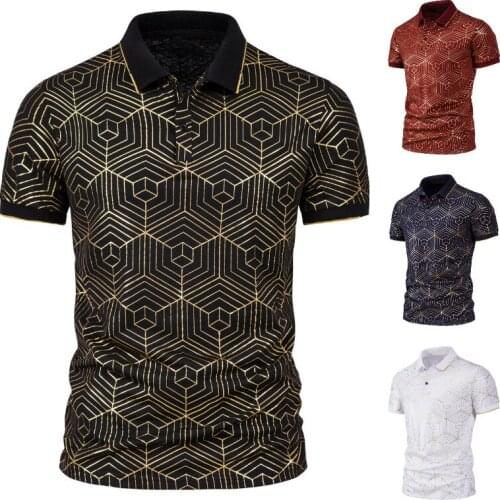 2021 New Summer High Quality Mens Spider Web Gold Print Lapel Slim Business Casual Short Sleeve Polo Shirt Men