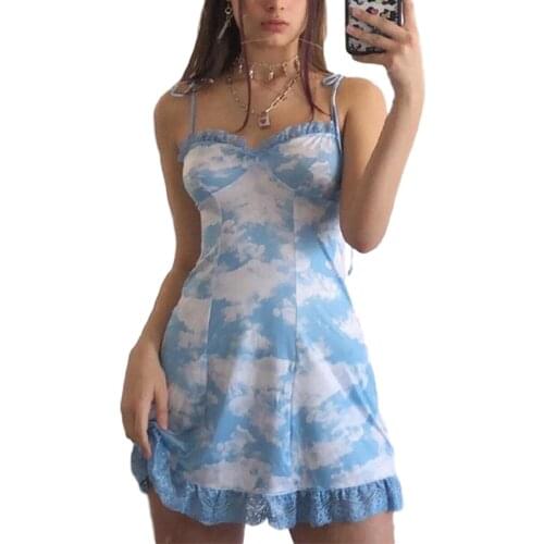 New Fashion Women Ladies Summer Casual Print Sling Dress Wild Sexy Lace Sleeveless Up Slim Fit Mini Dress Sundress Blue