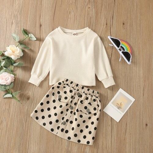 2 Pcs Infant Casual Outfits Girls Solid Color Long Sleeve Round Neck Pullover + Dot Print Skirt/Overalls with Pocket