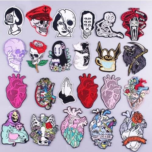 Punk skull Patch Embroidered Patches For Clothing Iron on Patches On Clothes StripeDIY Hippie Heart Patch Sticker Custom
