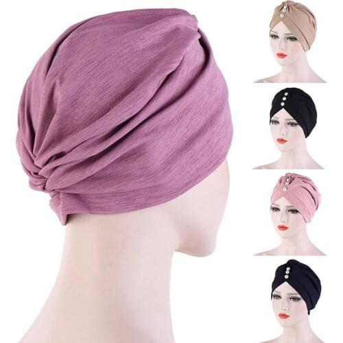 Pearl Beaded India Hijab Turban Elastic Folds Muslim Hat Chemo Cancer Cap Headwrap Solid Bandanas Knot New Sleep Hat Headwear