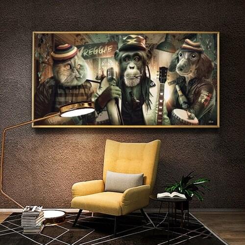 Modern Cartoon Animals Posters and Prints Wall Art Canvas Painting Animal Band, Guitar, Microphone Picture for Room Wall Decor