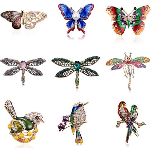Rinhoo Vintage Metal Enamel Butterfly Bragonfly Bird Brooches Men Womens Shinny Rhinestone Insects Banquet Wedding Brooch Gift