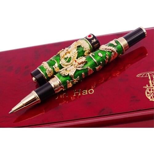 Luxury Handmade Jinhao Roller Ball Pen, Green Cloisonne Double Dragon Pen Advanced Craft Writing Gift Pen for Business Graduate
