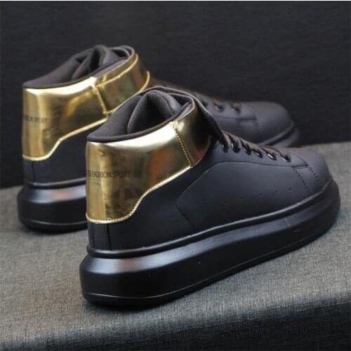 Net Red High Top Shoes, Black Gold Mens Shoes, Autumn and Winter Shoes, Mens Fashion Shoes, Thick Soles, Small White Shoes