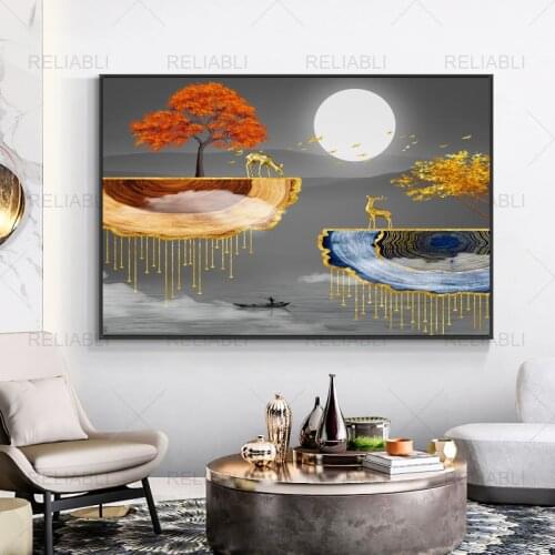 Nordic Deer Moon Tree Golden Abstract Landscape Posters and Prints Modern Canvas Painting Wall Picture for Living Room Decor