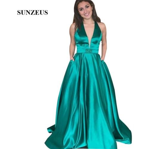 Green Satin Formal Dress A-line V Neck Long Evening Gowns Women Party Gowns Robe Longue