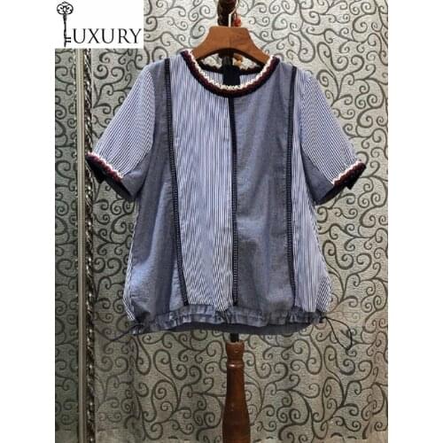 Fashion 2020 High Summer Quality Women O-Neck Striped Print Denim Patchwork Short Sleeve Casual Loose Blouses Tops Female