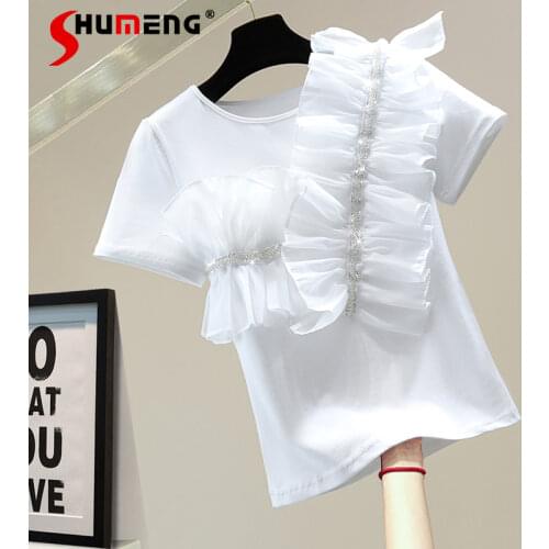 2021 Summer New Ruffled Stitching Sequined T-shirt for Ladies Solid Color Beading Asymmetric Round Neck Short Sleeve Tees Female