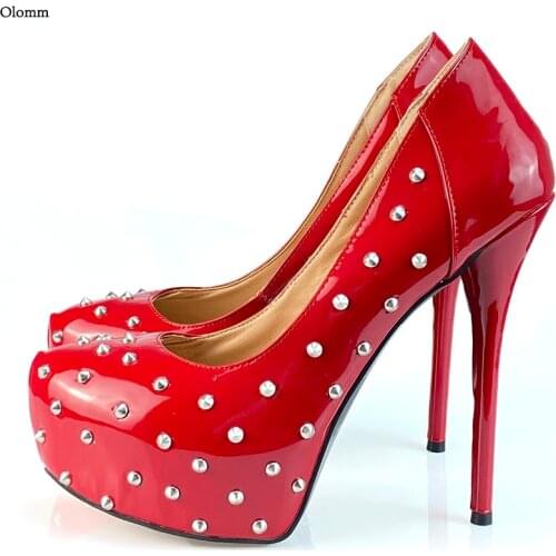 Olomm 2021 Handmade Women Shiny Pumps Sexy Rivets Stiletto Heel Round Toe Gorgeous 11 Colors Club Wear Shoes Women US Size 5-20