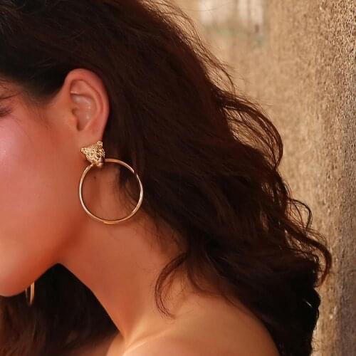 Punk Leopard Head Earring Stud With Circle Gold Color Alloy Fashion Women Hiphop Jewelry