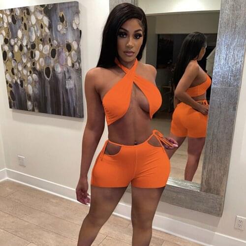 Sexy Two Piece Set Women Summer Clothes Halter Crop Top and Hollow Out Biker Shorts Sets Vacation Club Outfits Matching Sets